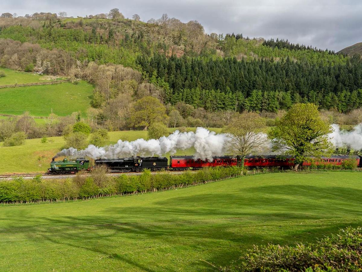 a steam train running through lush green fields